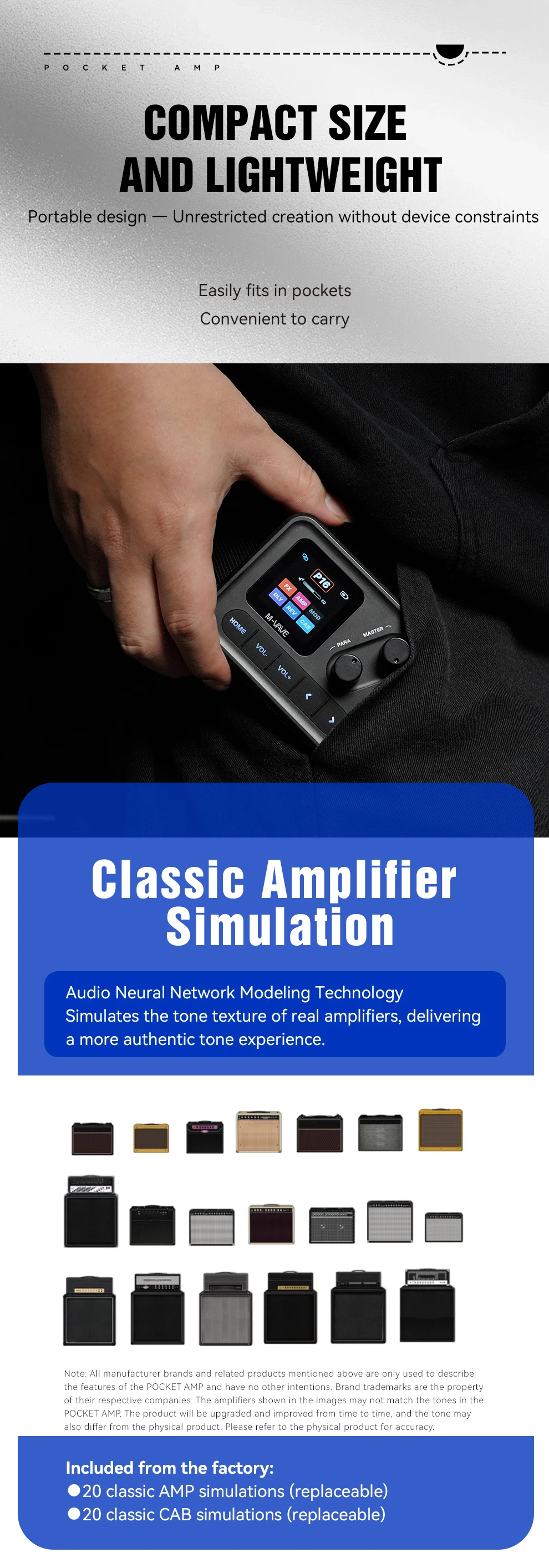 เอฟเฟคกีตาร์ M-VAVE POCKET AMP/หน้าจอสี 1.5 นิ้ว/อินเทอร์เฟซเสียง USB/แบตเตอรี่ 7 ชั่วโมง/IR Loader/บลูทูธ/สำหรับกีตาร์ไฟฟ้า/เบส