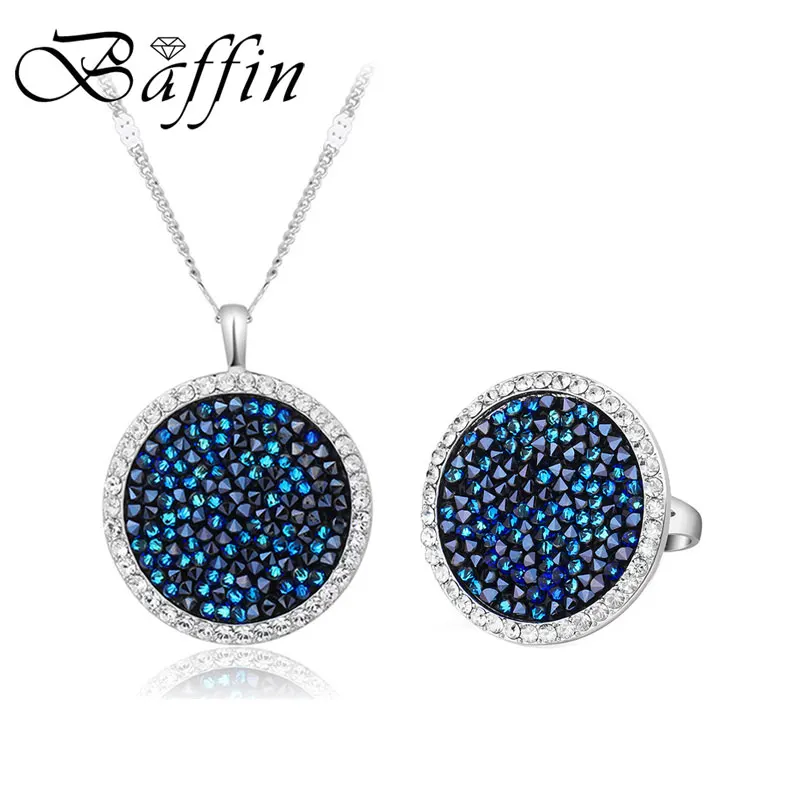 

Blue Crystals Pave Jewelry Sets Round Pendant Necklace Maxi Ring Finger Luxury Silver Color Accessories For Women Friends Party