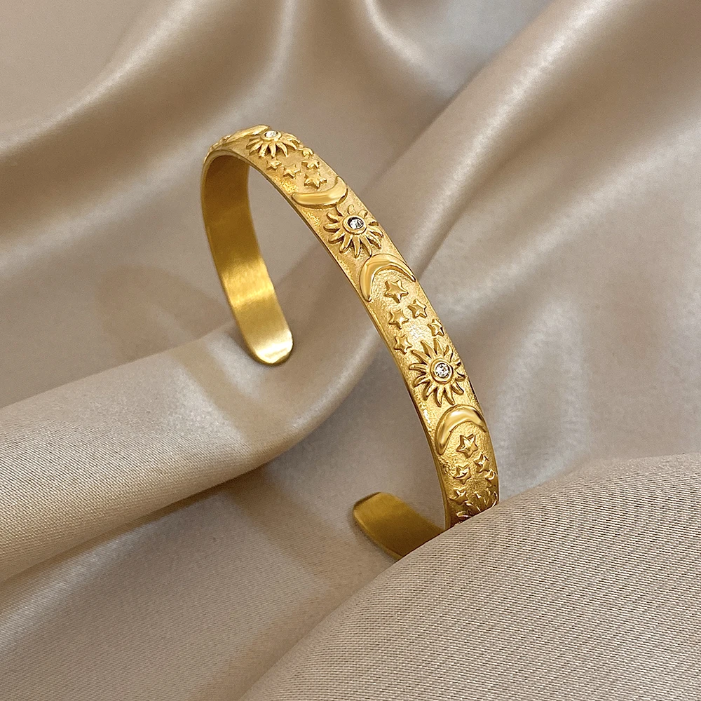 

Freetry Luxury Stainless Steel Open Wide Bangle Bracelet for Women Vintage Carving Stars Moon Sun Bangle Waterproof Hand Jewelry
