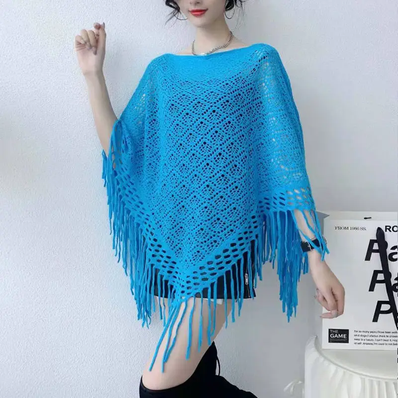 Fashion Boat Neck Hollow Out Knit Cotton Pullover Cape Wraps Women Autumn Summer Triangle Poncho Tassels Shawl Soft Comfort