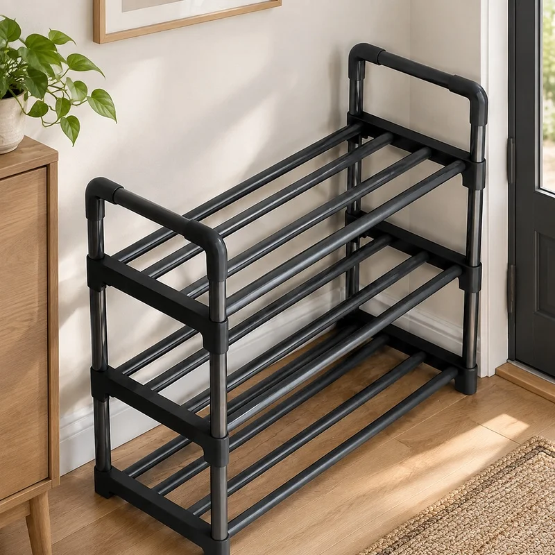 Black Space-Efficient Shoe Rack with Multiple Levels, Ideal for Dorms and Entryways
