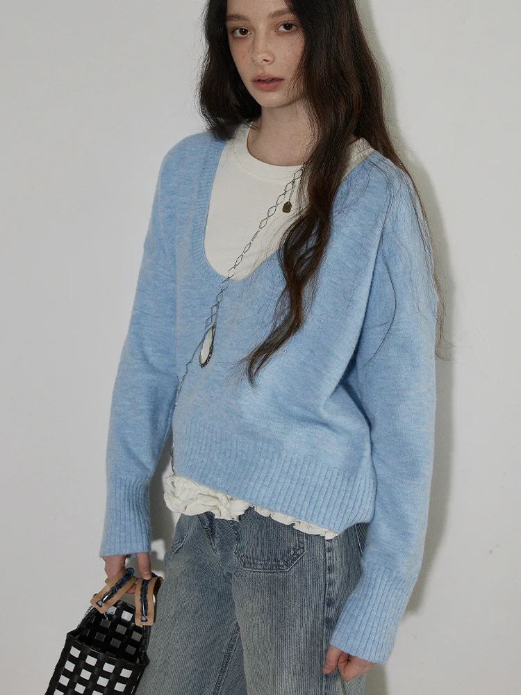 

Lofi Choose Women's Soft Cozy Knitted Sweater Loose Fit Overhead Design Spring Autumn V-ne Long Sve Regular Length