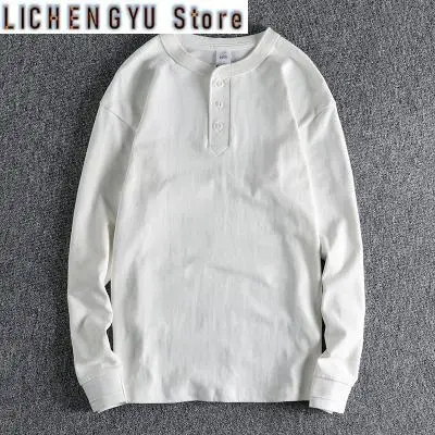 Autumn American Retro 300g Knitted Henry Collar T-shirt Men's Fashion 100% Cotton Washed Casual Tops