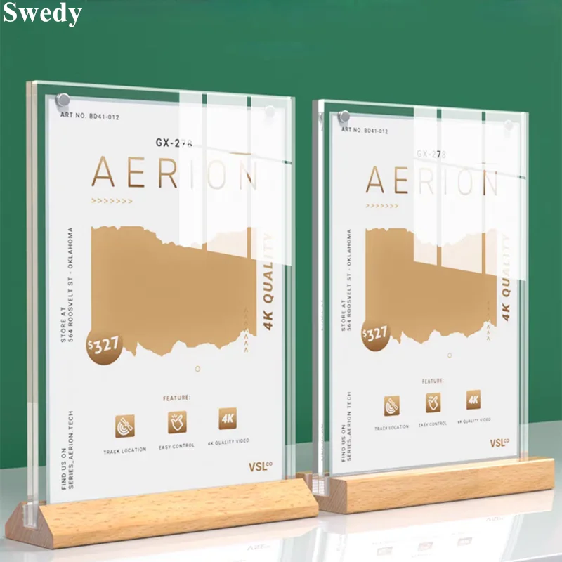 

A4 210X297MM Wood Base Magnetic Acrylic Sign Holder 8.5 x 11 Display Stands Restaurants Menu Picture Price Flyer Paper Holder