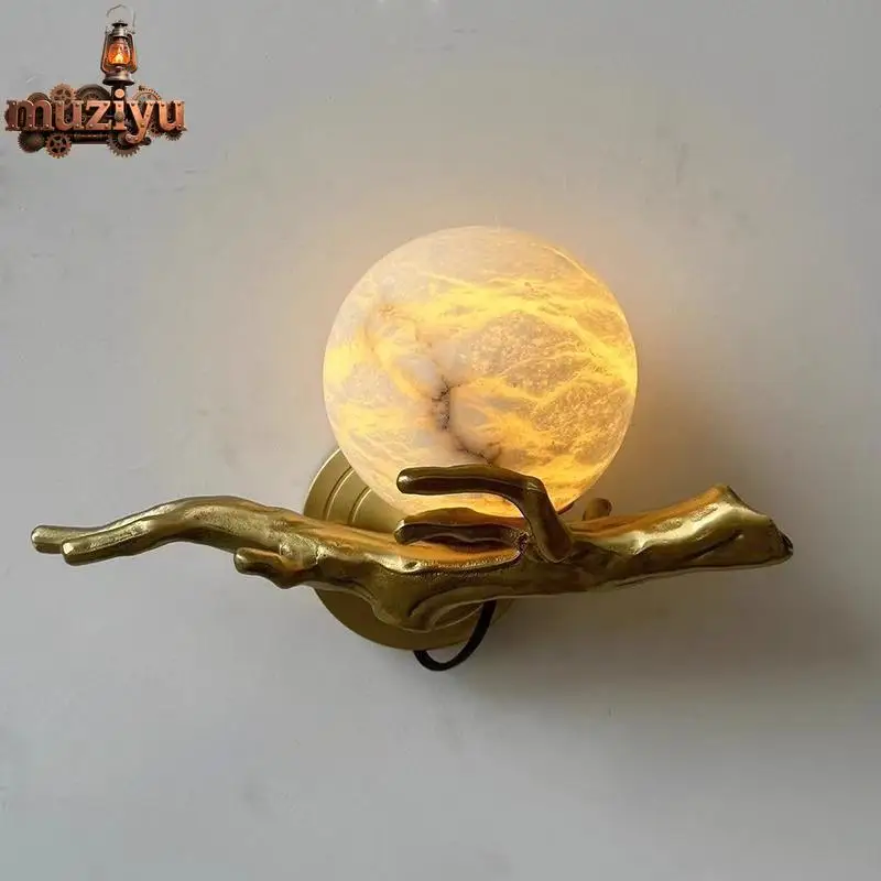 

Muziyu Modern Natural Marble Wall Lamp Light Luxury Bedroom Bedside Lamp Corridor Stairwell Hotel copper branch Wall Lamp Indoor