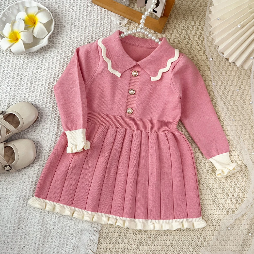 Autumn and Winter Knitted Sweater Kids Dresses for Girls Color Blocked Long Sleeved Lapel Buttons Pleated Princess Dress