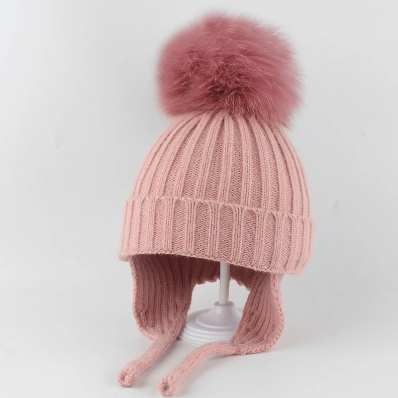 Winter Real Fox Fur Pompom Beanie Hats For Kids Autumn Baby Warm Knitted Wool Hat Toddler Earflap Skullies Beanies Outdoor