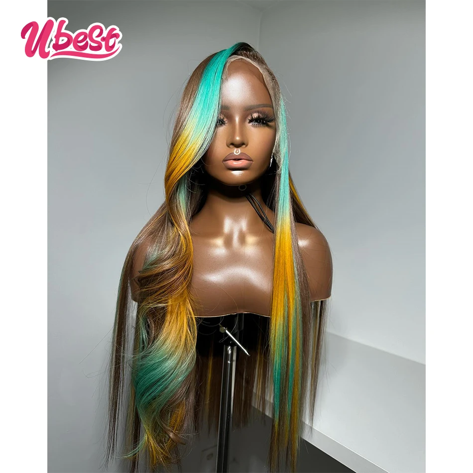 Green yellow brown Colored Body Wave 13x6 Lace Front Wigs Brazilian Hair Transparent  200% Density Human Hair Wigs For Women