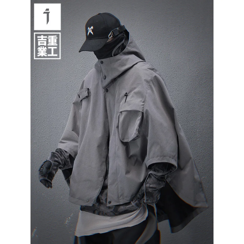 11 BYBB'S DARK Spring 2025 جديد وظيفية مقنعين معطف قصير عباءة سترة شال الرجال فضفاض الهيب هوب موضة التكتيكية