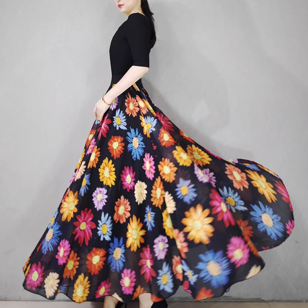 2024 Summer Flowers Chiffon Fashion Elegant Female Skirt  720 degree Bohemian Beach Skirt long skirts for women fashion 2024