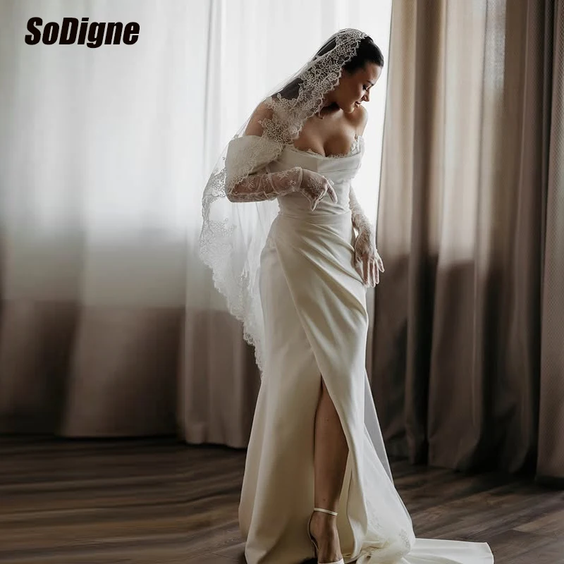 

SoDigne Mermaid Satin Wedding Dresses 2026 Off Shoulder Split Long Bridal Dress Beach Wedding Gown Robe De Mairee Customized