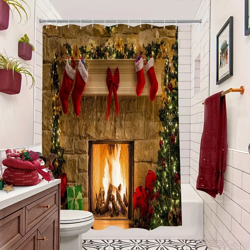 Fabric Christmas Shower Curtain Waterproof Bathroom Fireplace Shower Curtain With Hooks for Winter Holiday Decor 72X72 Inch