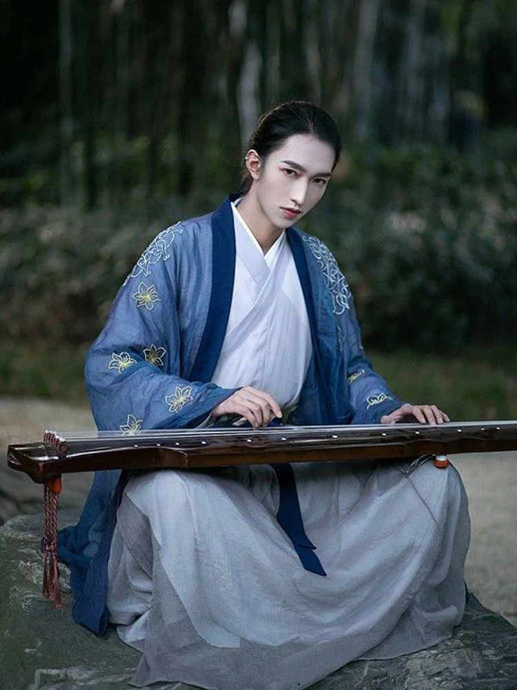 Hanfu amantes das mulheres dos homens cp diariamente bordado roupas antigas wei jin estilo gola cruzada cintura super imortal terno primavera verão