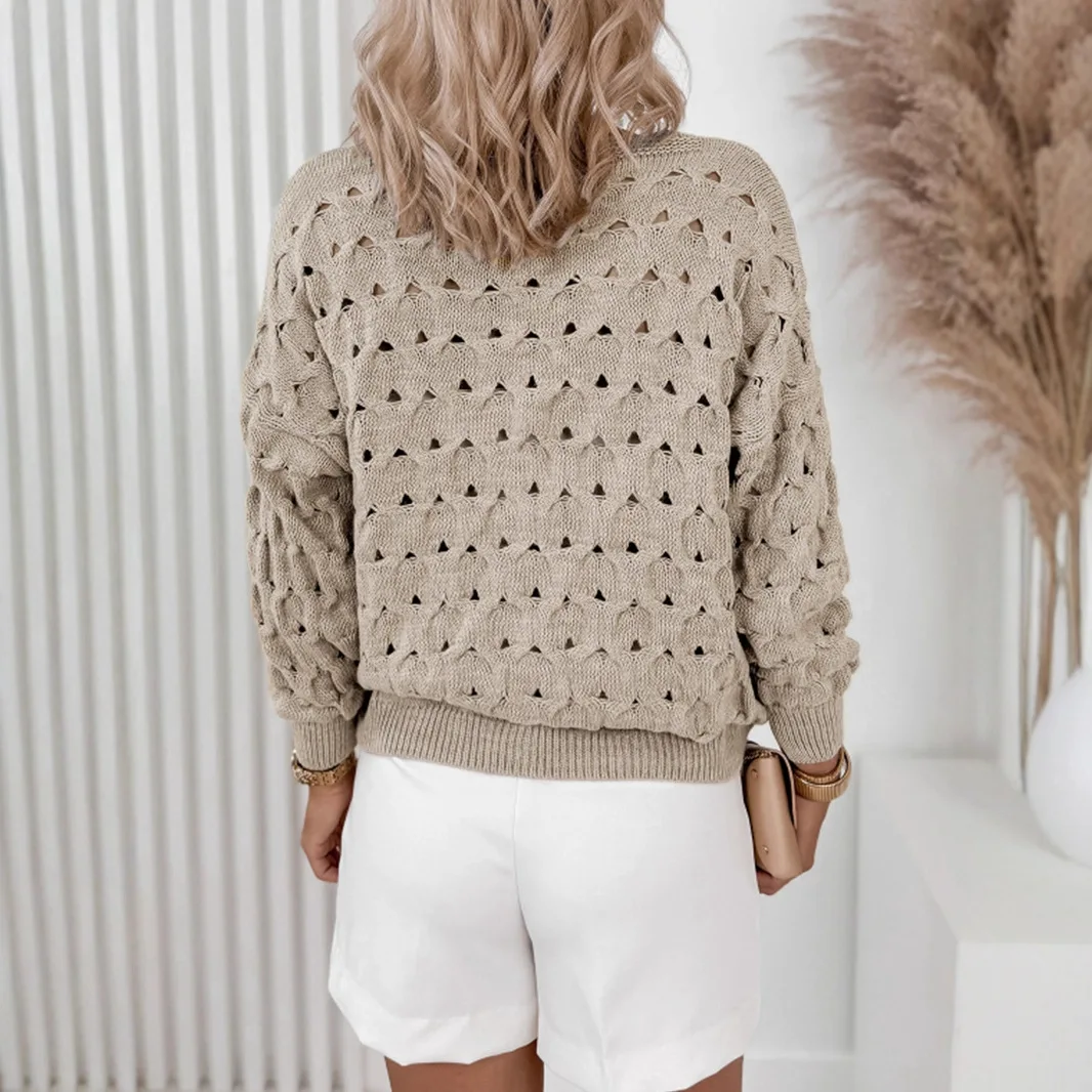 カーキ秋の女性のニットウェア軽量中空アウト V ネック女性のニットカーディガンシングルブレスト快適なセーター女性のための