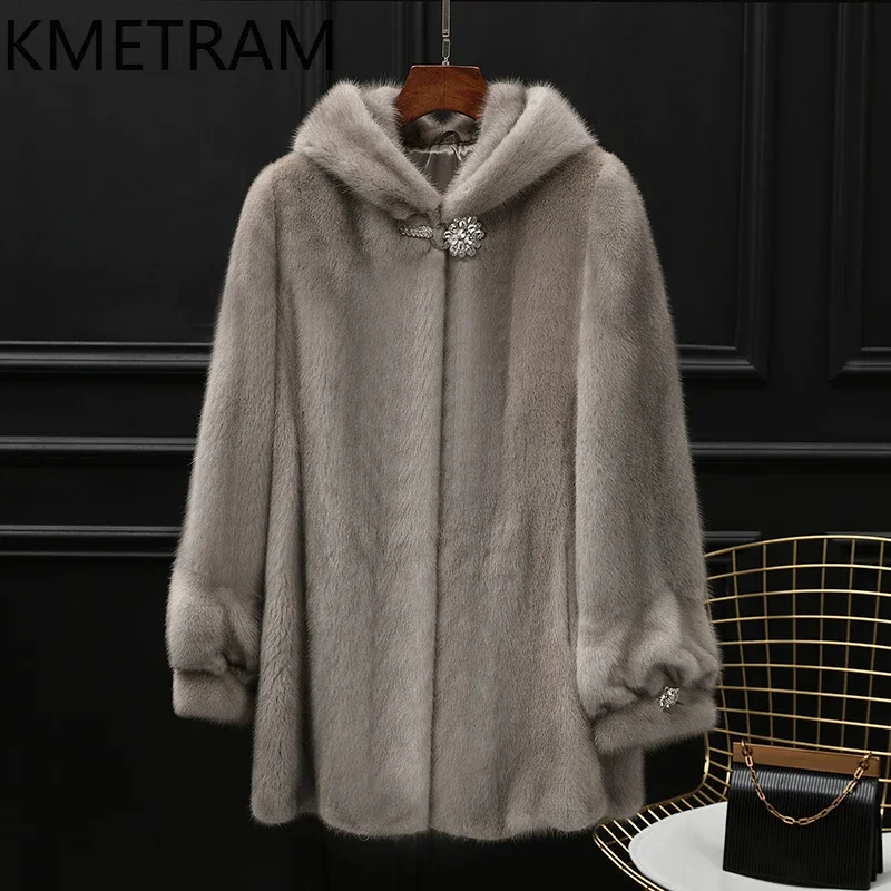 Real Mink Fur Coat Women High Quality Grey Fur Jacket with Hood Mid Length New in Outerwears Winter Luxury Clothes шуба 2024