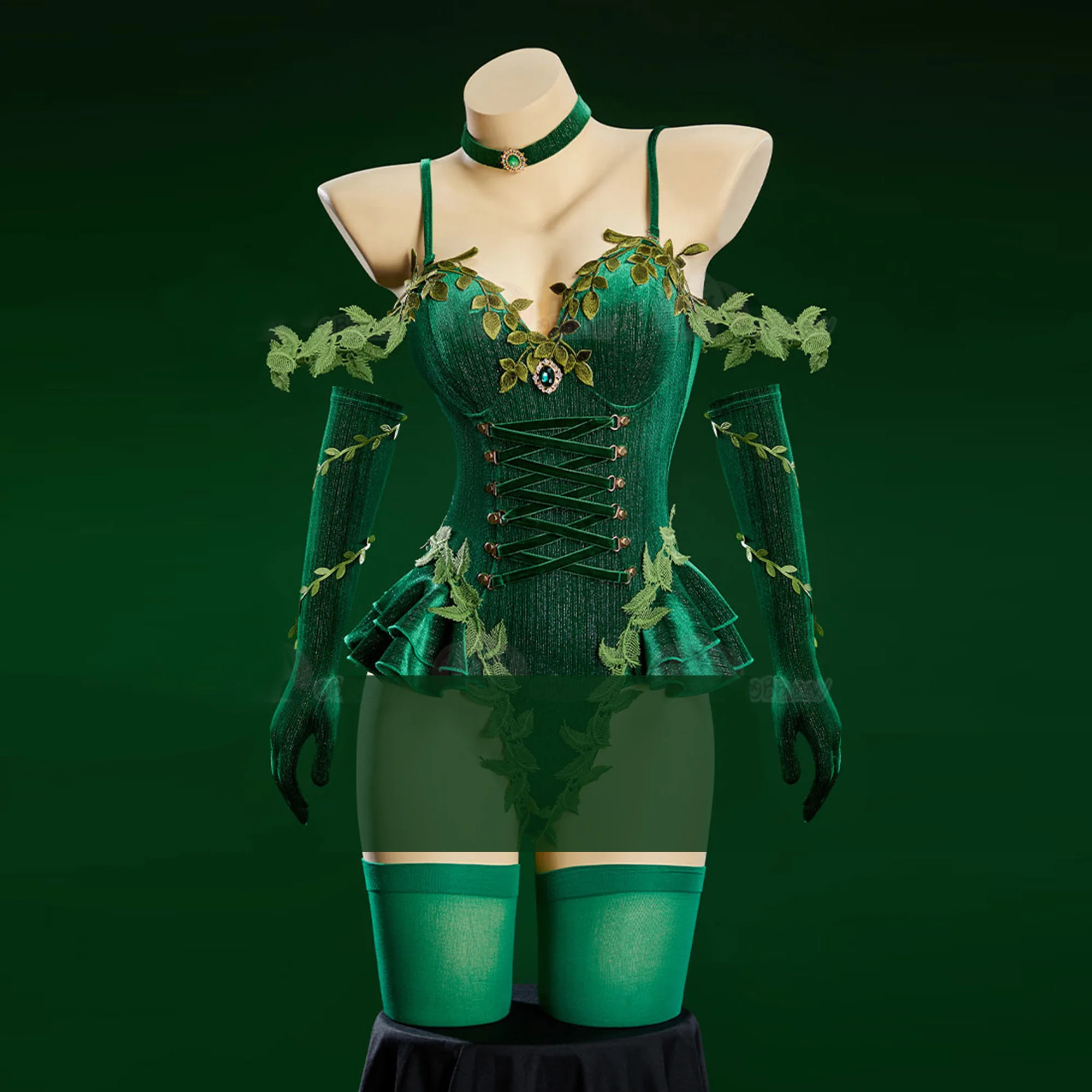 Anime Fairy Elves Cosplay Costume Women Sexy Green Velvet Sling Jumpsuit Gloves Socks Suit Halloween Carnival Party Clothes