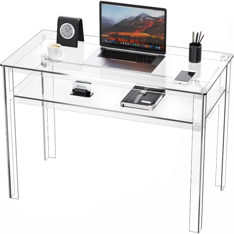 Clear Acrylic Desk with Open Storage, Office Computer Writing Desk Office Study Table (Clear, 39.4'' x 19.7'' x 29.5'')，home.