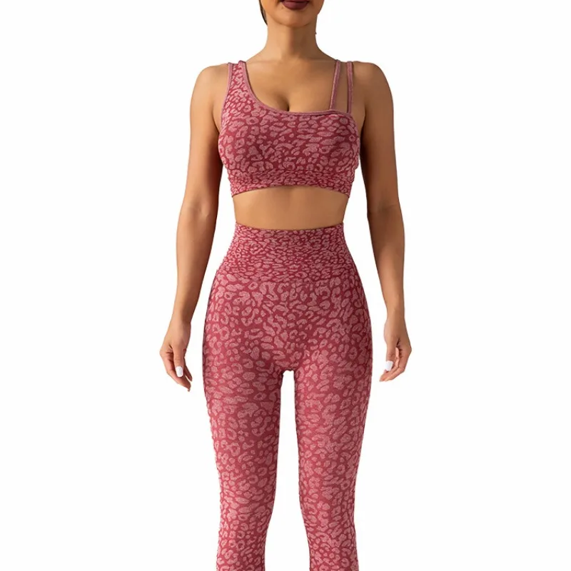 Seamless Leopard Yoga Suit Peach Hip-lifting and High Waist Fitness Pants High Elastic Back Sports Vest tracksuit women sports