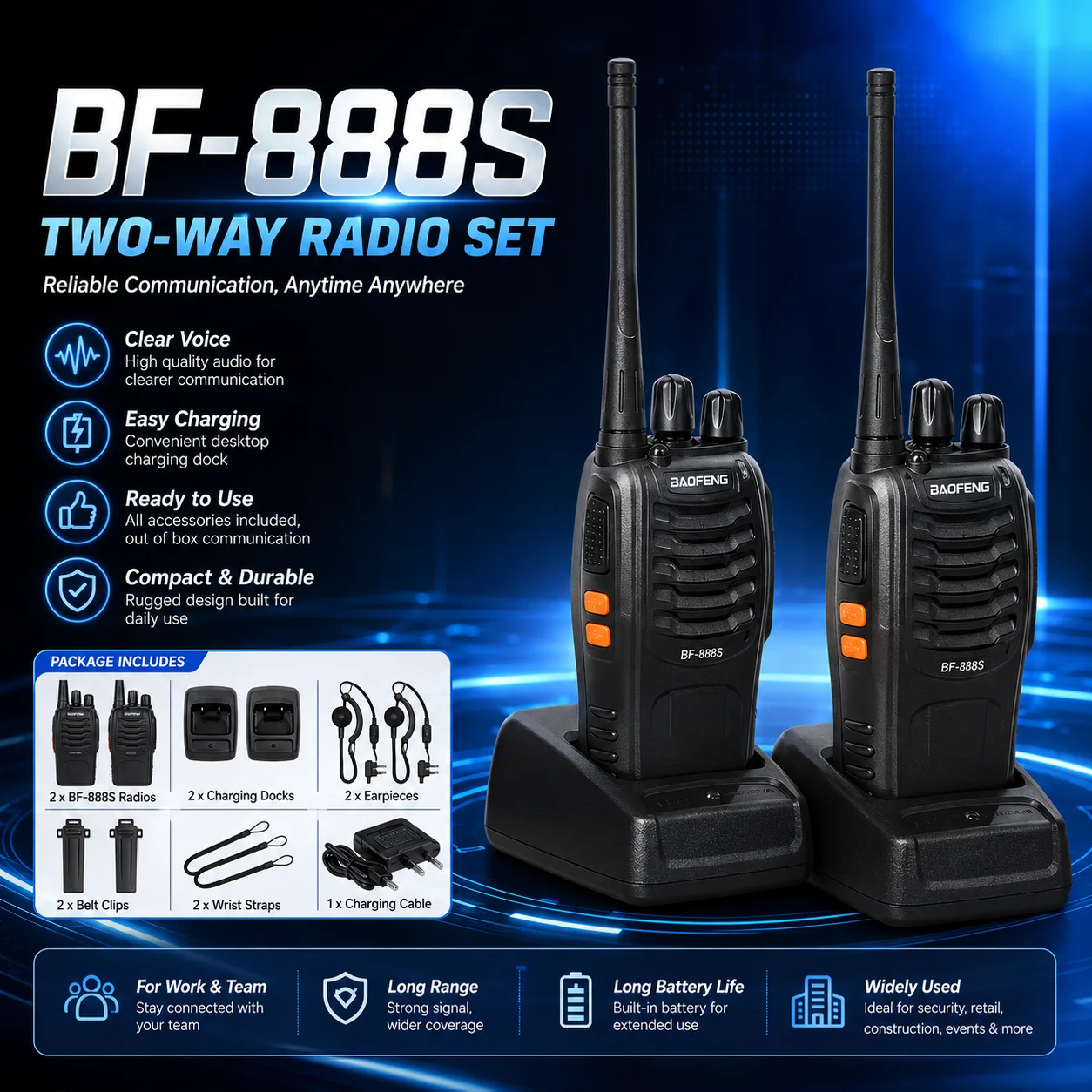 トランシーバー双方向ラジオ-bf-888s-2-個-uhf-充電式-1500mah-イヤホン付き-ホテル倉庫キャンプ用-クリスマスギフト