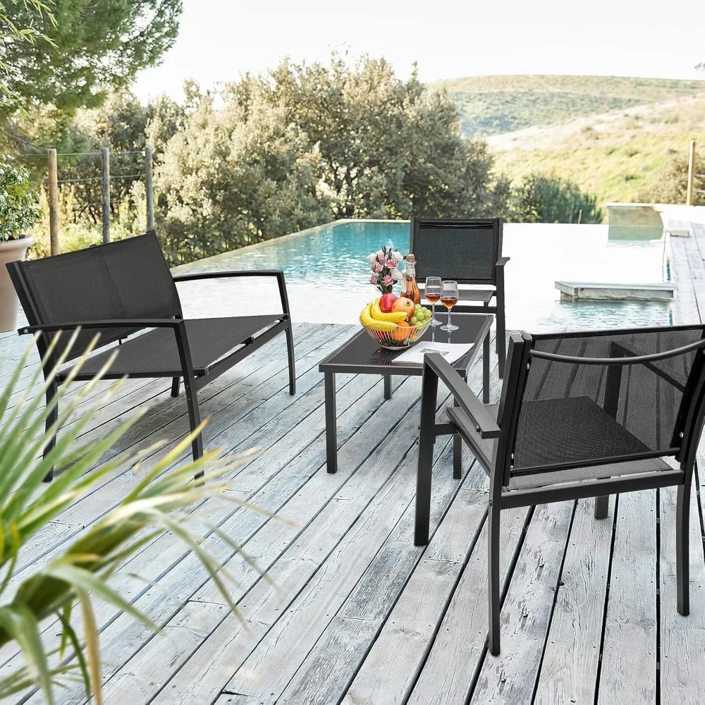 4 pieces of outdoor patio furniture textiles, dialogue black bistro set, two-seater sofa coffee table on lawn and balcony