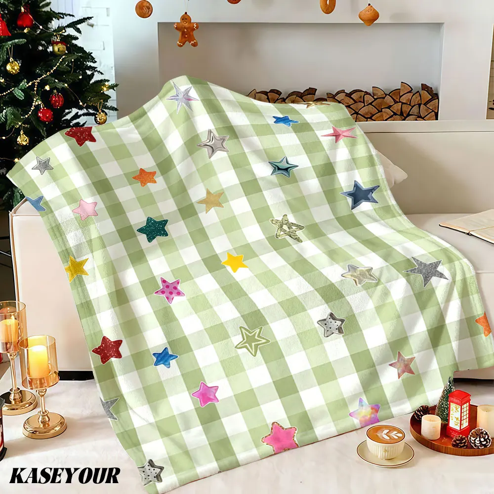 Gingham Star Collage Winter Summer Flannel Blanket Throw Fleece Soft Fuzzy Plush Cozy Fleece Blankets for Sofa Ideal Gifts