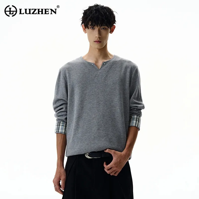 

LUZHEN Fashion Liner Checked Printed Long Sleeve T-shirts Men's 2025 New High Quality Loose Elegant Handsome Korean Tops JY3496