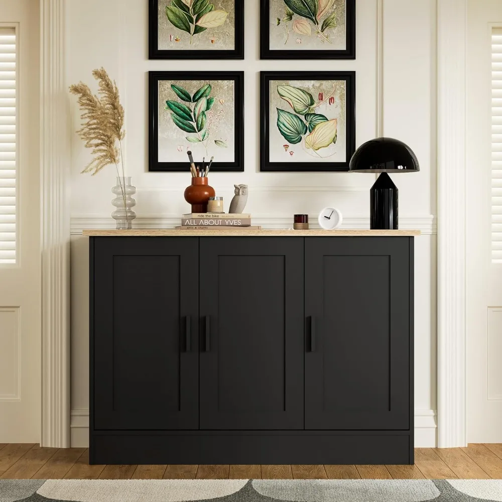 Mueble buffet negro de 3 puertas de 43,3 pulgadas de ancho, mueble para cafetería con estante ajustable, aparador buffet de cocina para sala de estar, cocina