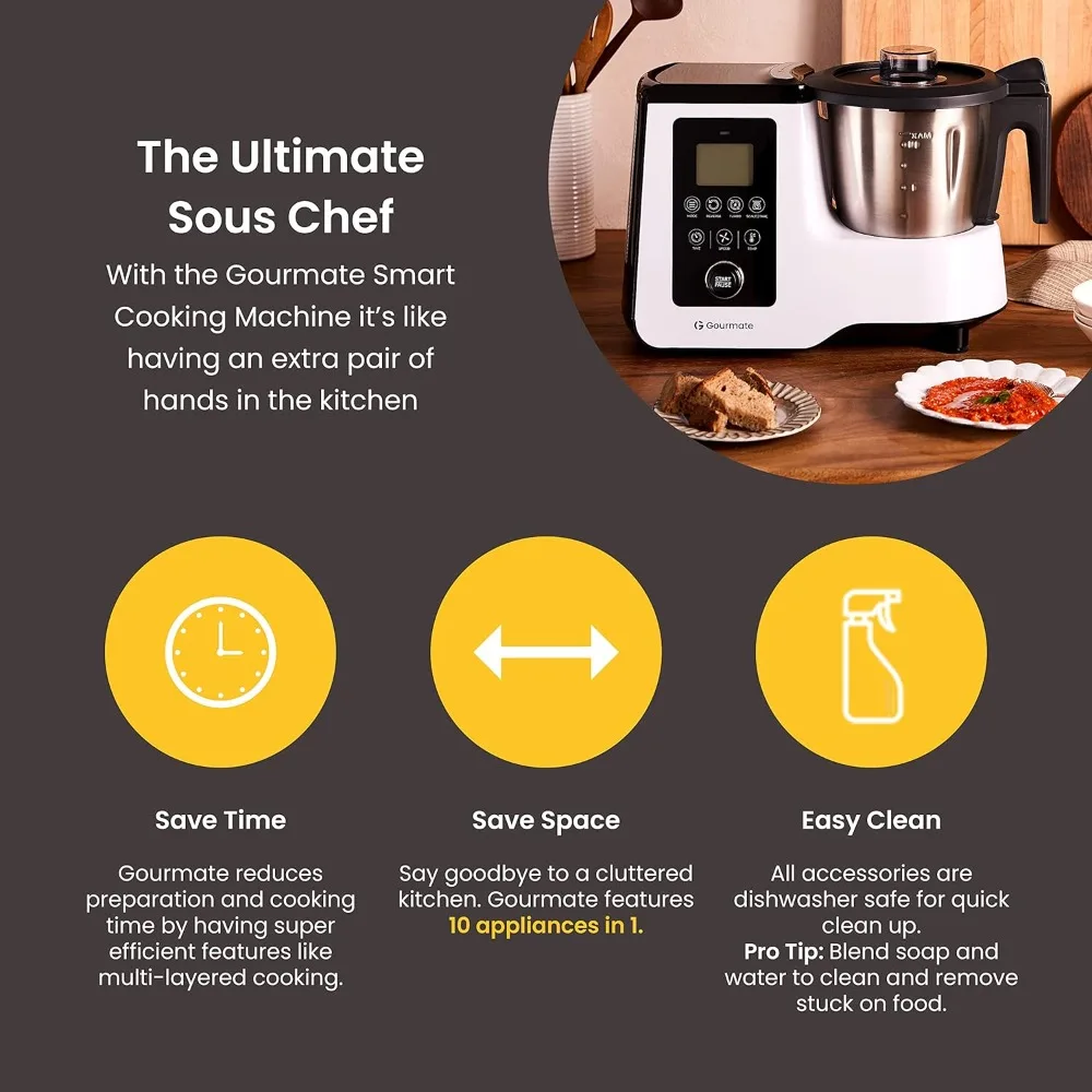 Gourmate Smart All-in-1 Multi-Cooker, 10 + funzioni di cottura, scala incorporata, ricette guidate, vapore, cuoco, impastare