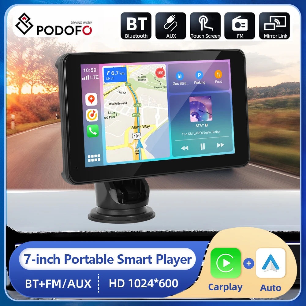 Podofo 7inch Wireless Carplay Android auto Monitor Smart Screen Player Bluetooth FM Support Rear Cam Video Play for Cars Trucks