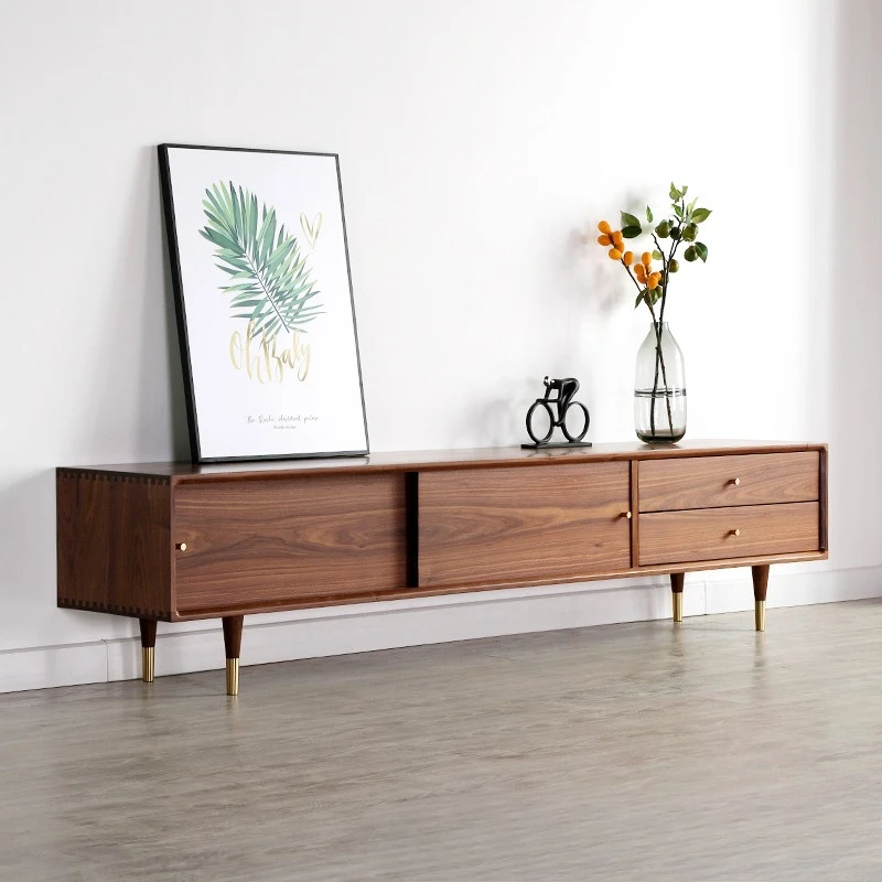 All solid wood black walnut TV cabinet Nordic modern simple living room cherry wood white oak floor cabinet audio-visual cabinet
