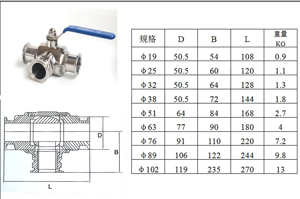 Elettrovalvola 304 Stainless Steel Sanitary Ball Valve 3 Way Tri Clamp Ferrule Type For Food Homebrew Diary Acqua e vapore — dettaglio 2