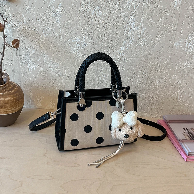 

Women Polka Dot Mini Handbag with Braided Handle Cute Dog Pendant 2-in-1 Crossbody Shoulder Bag Casual Tote Purse