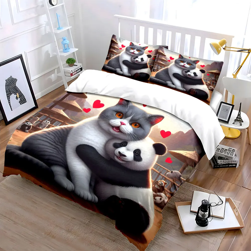 Cat and panda cuddling Pattern Duvet Cover Set Digital Print Colorful Polyester Bedding with Zipper Closur for kids gifts