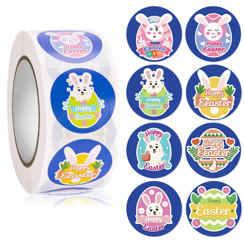 50-500PCS Easter Rabbit Stickers 1-inch Round Cute Decorative Stickers Roll Party Decorative Label Stickers