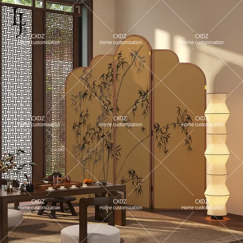 New Chinese Style Zen Bamboo Screen Partition Folding Room Divider for Living Room Tea Room Sofa Background Wall Decoration