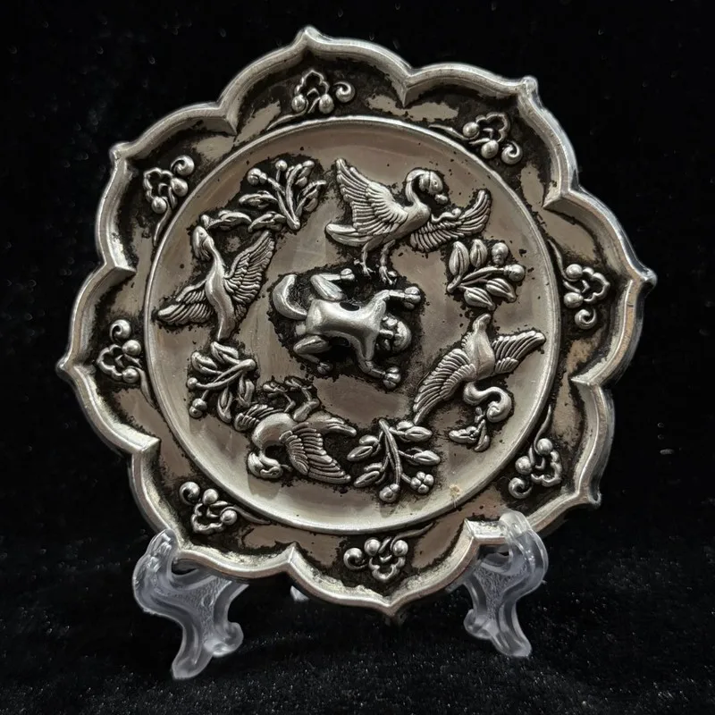Tang Dynasty diamond-shaped mirror, antique copper ornament, white copper gilded with silver, four phoenixes holding a ribbon pa