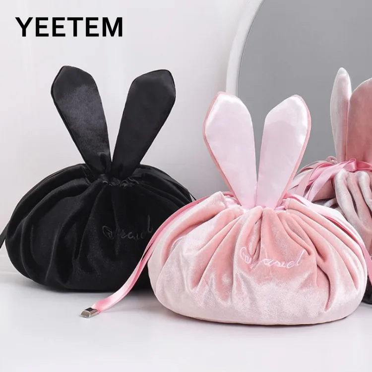 Elegantly Cosmetic Bag Hand Carrying Rabbit Ear Velvet Cosmetic Storage Bag Travel Portable Drawstring Washing Bag