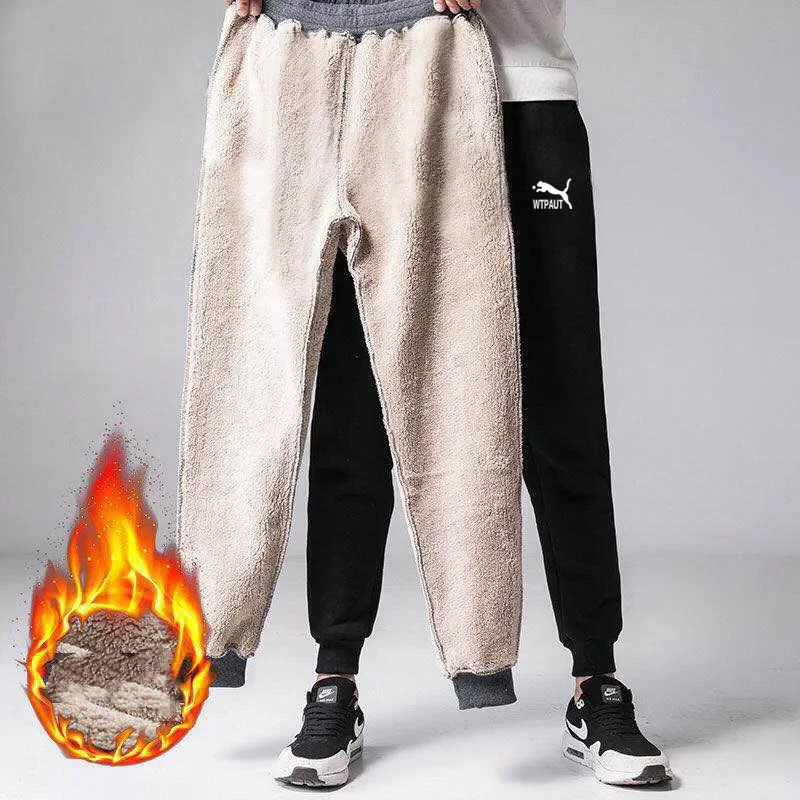 Pantalones de chándal deportivos de Cachemira para hombre, pantalones sueltos elásticos gruesos de terciopelo, con cordones, talla grande, Invierno