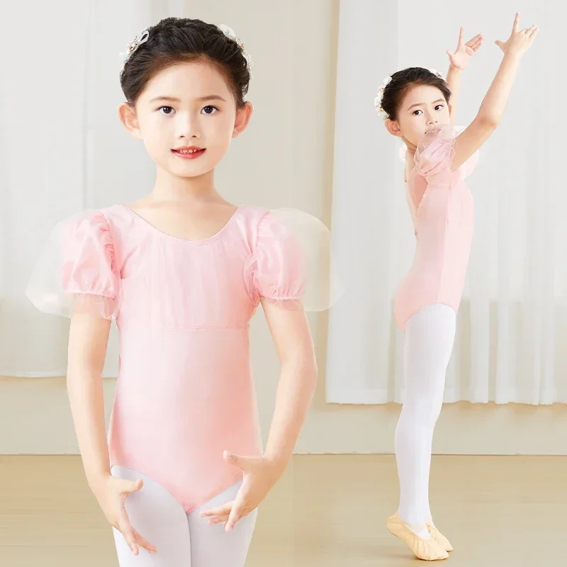 Girls Ballet Leotard Puff Sleeve Kids Dance Leotard Shirring Mesh Splice Cute Children Dance Costume for Ballet Gymnastics