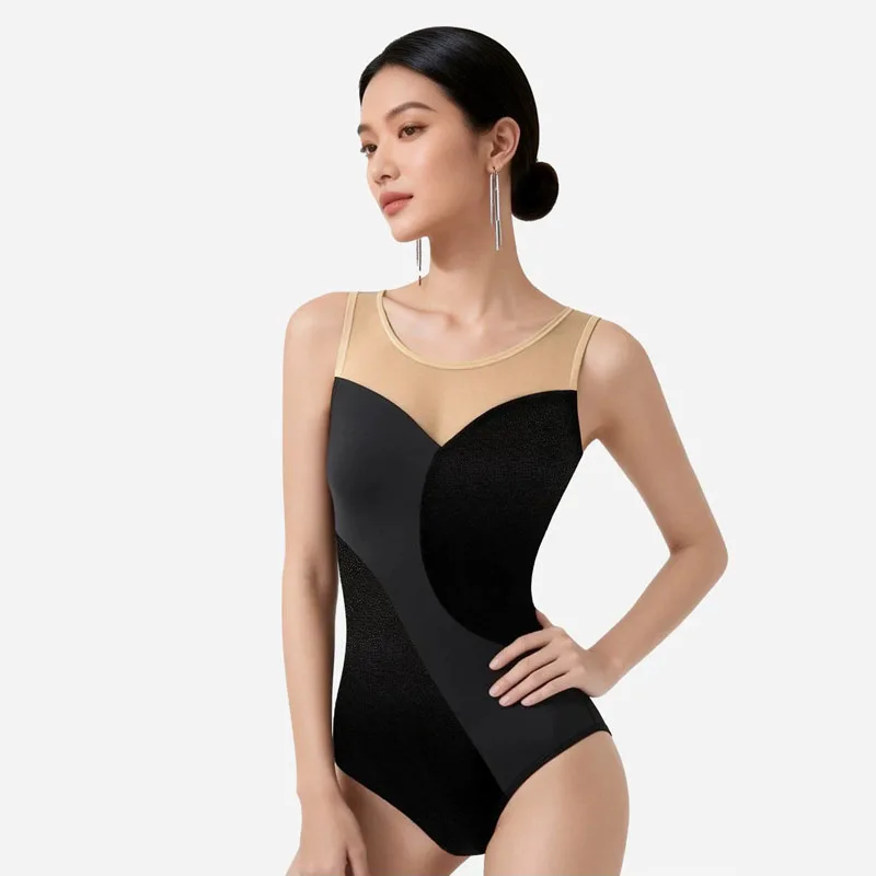Leotardo de Ballet para Mujer Adulta, Color Combinado, Escote Profundo en V en la Espalda, Traje de Gimnasia, Danza, Entrenamiento Básico