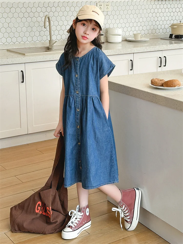 Vestido de Jeans com Botão Único para Meninas, Saia Fina, Manga Curta, Nova Coleção 2024, Roupas Sazonais para Crianças Grandes