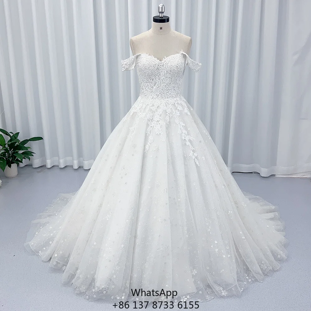 

HX30 Modern Ball Gown Wedding Dress Stylish Gossamer Off-Shoulder Floor-Length Lace Crystal Sequined Appliques