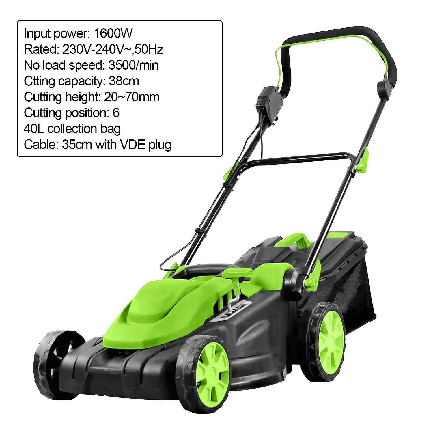 VERTAK 1600W Electric Lawn Mower Industrial 230V-240V Corded Lawn Mower 40L Grass Box DIY Commercial-Grade  Easy Return