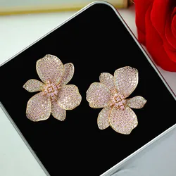 Europe hot fashion jewelry 18K gold plated copper zircon exaggerated flower earrings luxury women's wedding party accessories