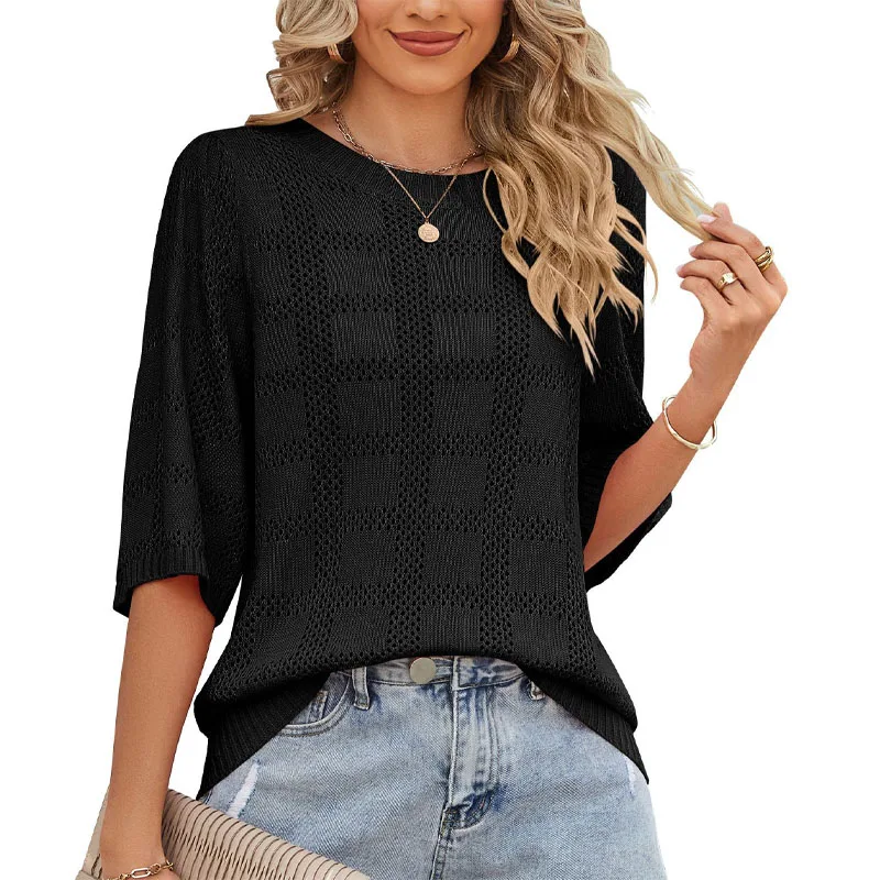 2023 Women Solid Color New Fashionable and Minimalist Round Neck Commuting Hollow Out Pullover with Ice Silk Loose Fitting Top image 3