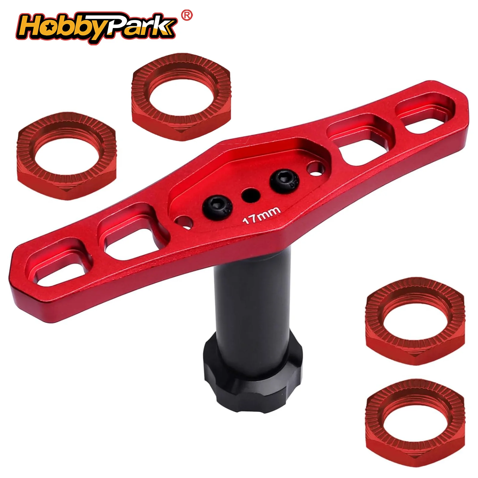 Hobbypark 17mm Aluminium-Radmuttern mit Schraubenschlüssel für 1/8 Arrma Kraton 6S 3S Traxxas E-Maxx E-Revo Offroad-Buggy (Rote Muttern) 4 Stück