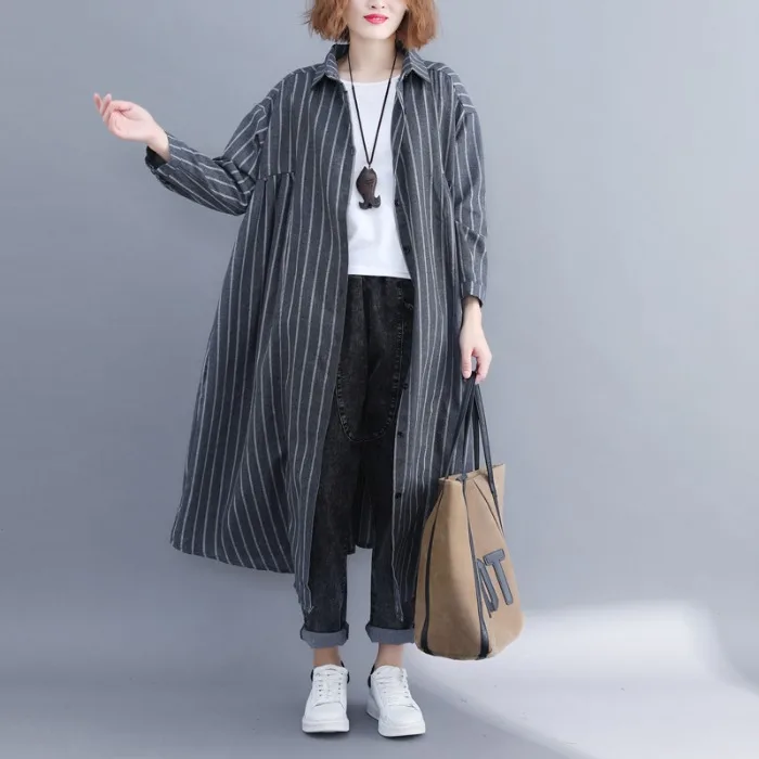 

SuperAen Korean-style Cotton and Linen Loose Striped Shirt for Women Oversize Polo Collar Long-sleeved Long Shirts