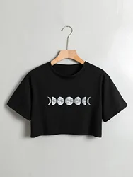 Moon Print Crew Neck T-shirt Casual Short Sleeve Crop Top for Spring & Summer Women's Clothing
