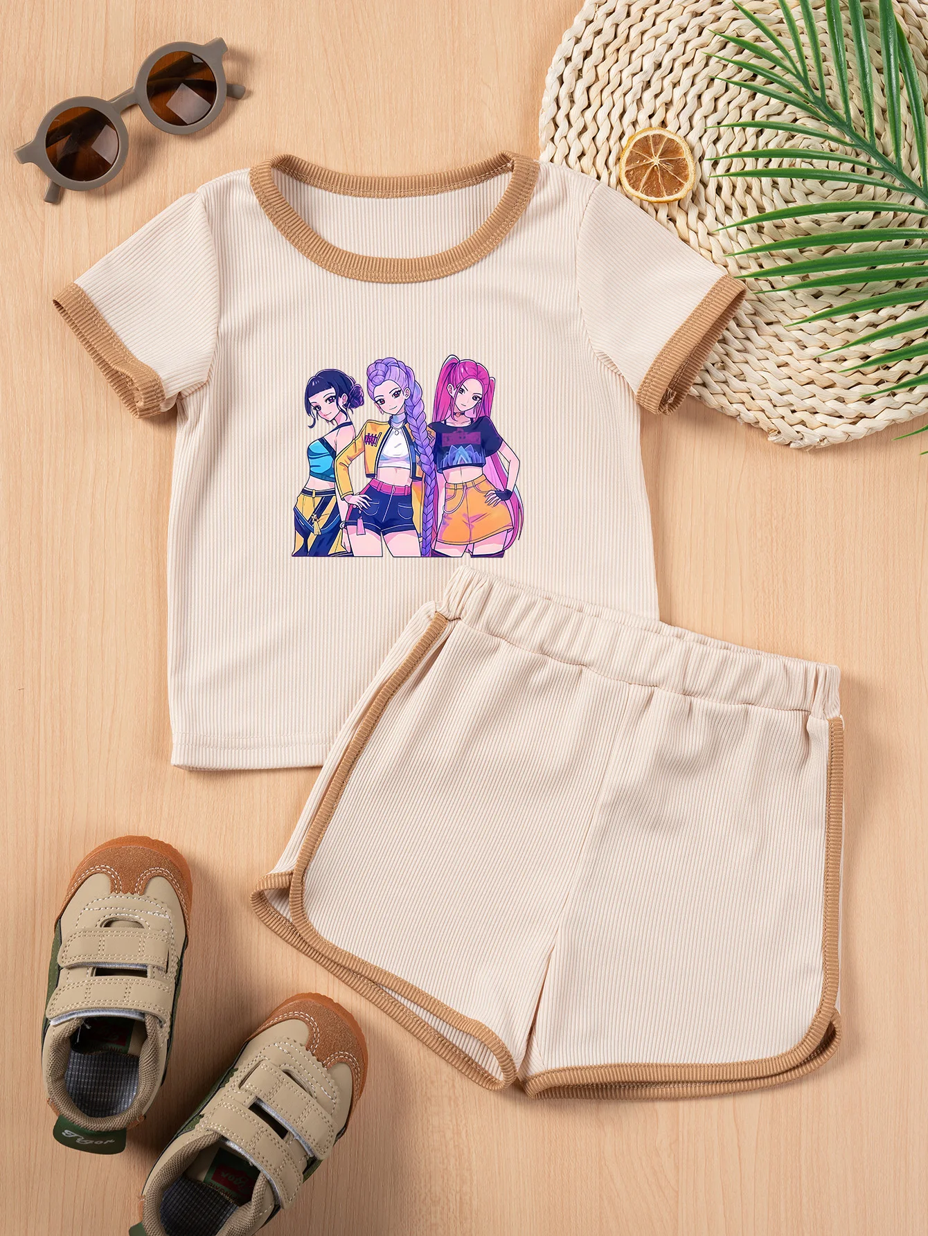 Conjunto de 2 peças com estampa Kpop Demon Hunter para meninas, camiseta de manga curta + shorts, cintura elástica, moda casual, 1-6 anos, roupa de férias