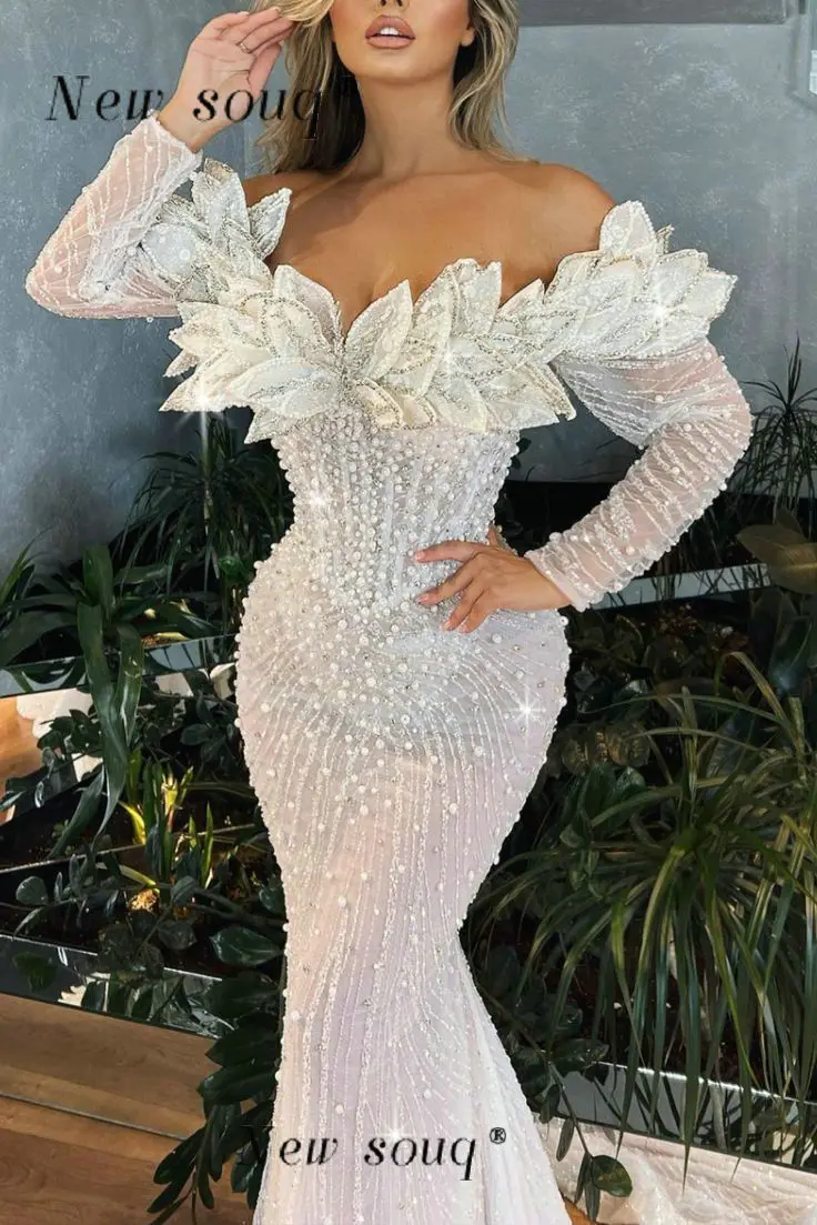 Dream Long Sleeves Boho Mermaid Wedding Dresses Sparkle 3D Leaf Designs Off Shoulder Prom Girl Dress Pearls Beaded Bridal Gowns